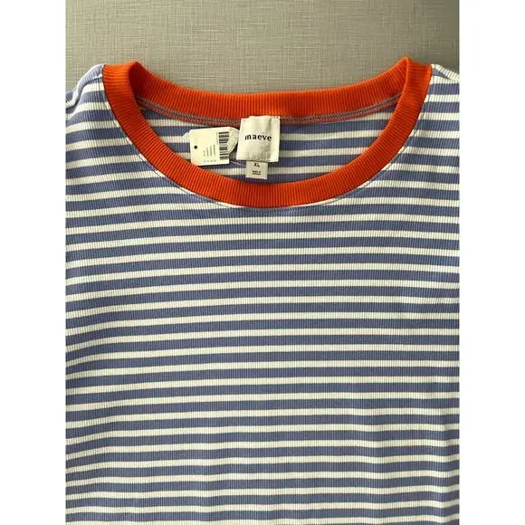 Maeve Anthropologie Sz XL Puff Sleeve Ribbed T-Shirt Blue Striped Casual Preppy - Picture 5 of 12